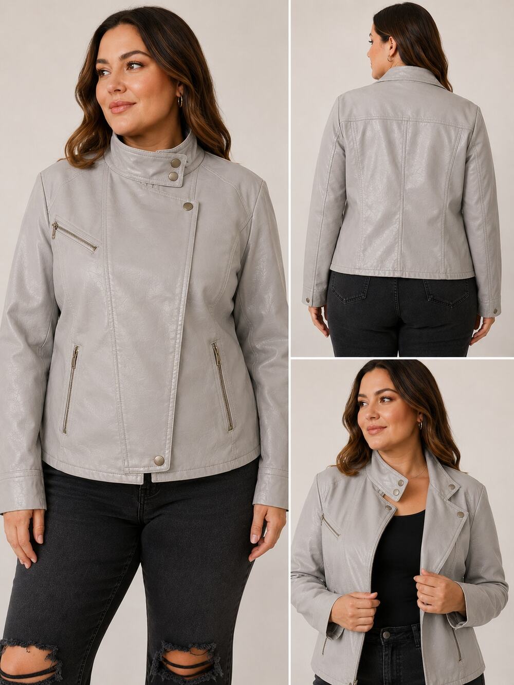 Vintage C Magin Gray Faux Leather Funnel Neck Moto Jacket 3X AS IS